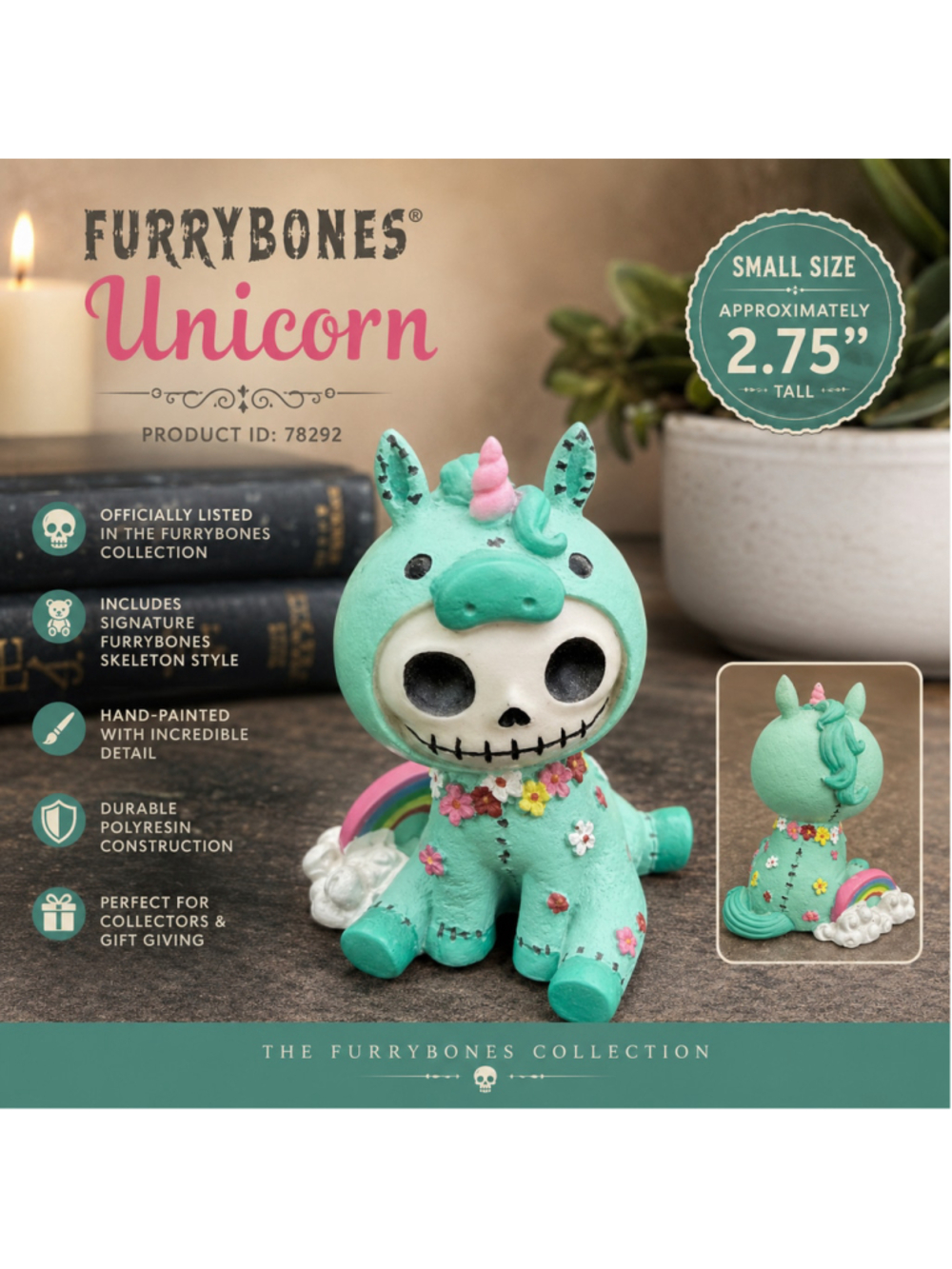 Furrybones Unicorn Skeleton Sculpture One Size Teal Pink